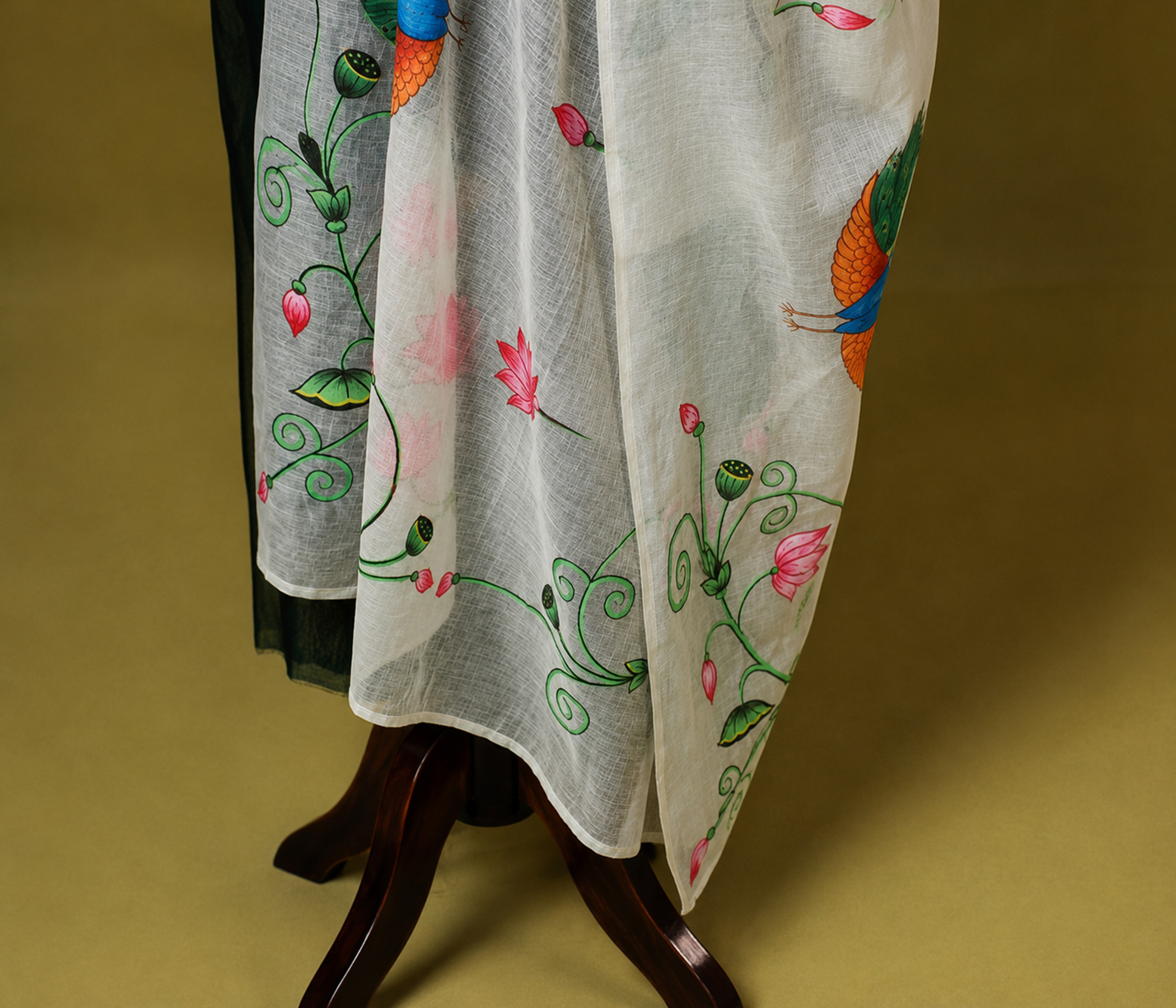 Hand-Painted Offwhite Dupatta with Royal Peacock & Lotus Art